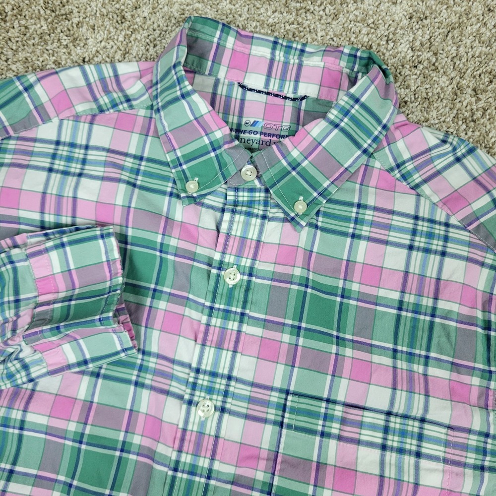 Vineyard Vines On The Go Performance Mens Medium Pink Green Plaid Button Down LS